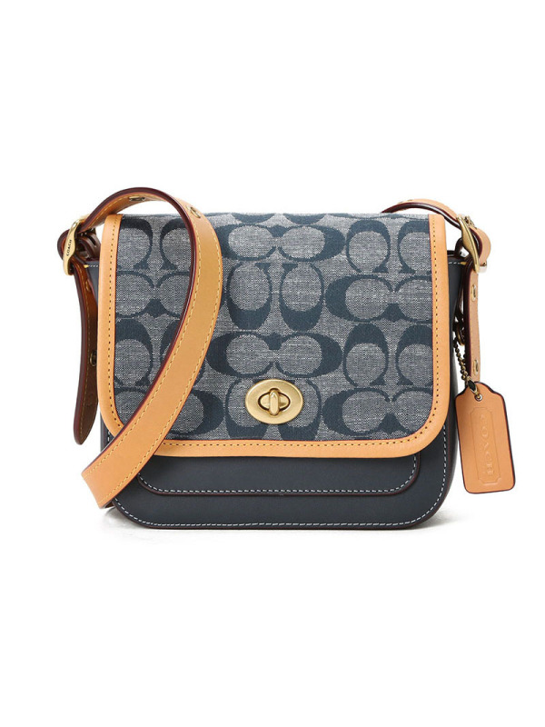 COACH\蔻驰 CHAMBRAY 口盖包单肩斜挎包 椭圆扣老花 织物\牛皮革