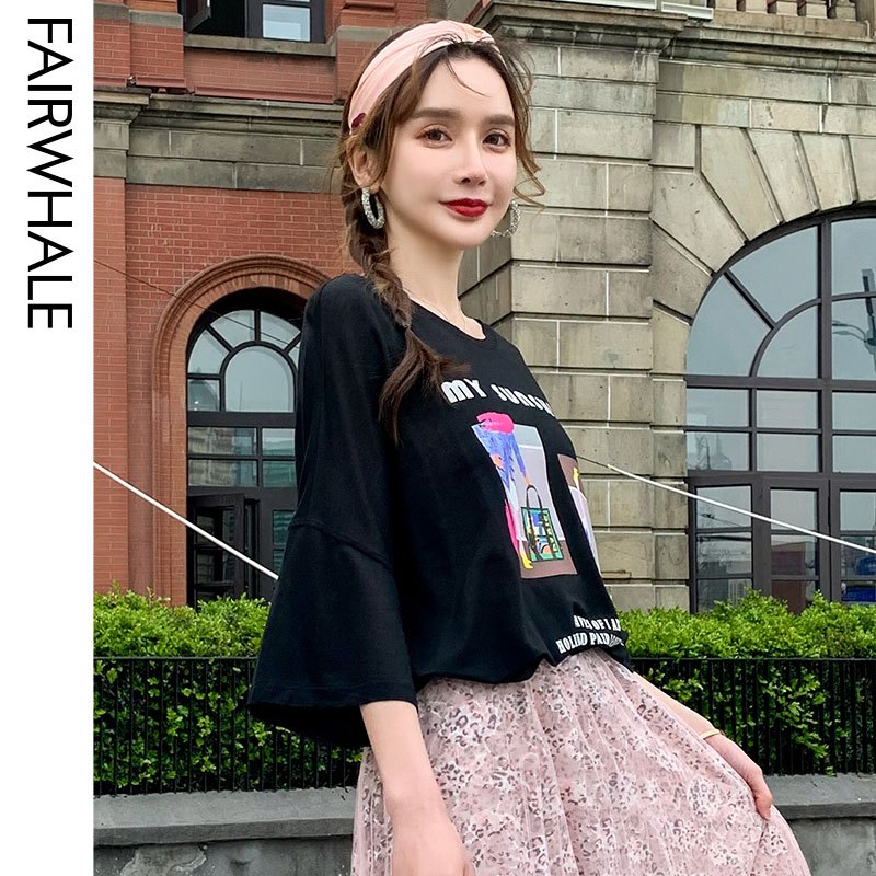 马克华菲女装2020年新款夏黑色宽松t恤女休闲简约印花七分袖上衣
