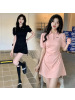 polo领连衣裙女夏季新款抽绳收腰修身显瘦甜辣纯色风短袖裙子