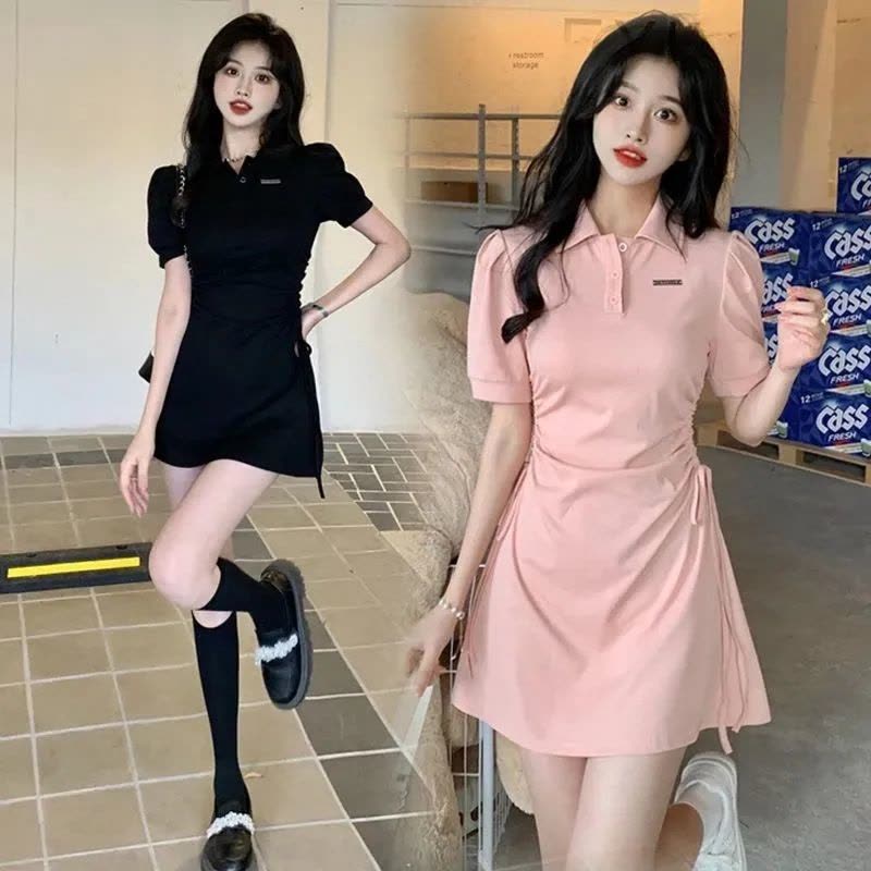 polo领连衣裙女夏季新款抽绳收腰修身显瘦甜辣纯色风短袖裙子图片