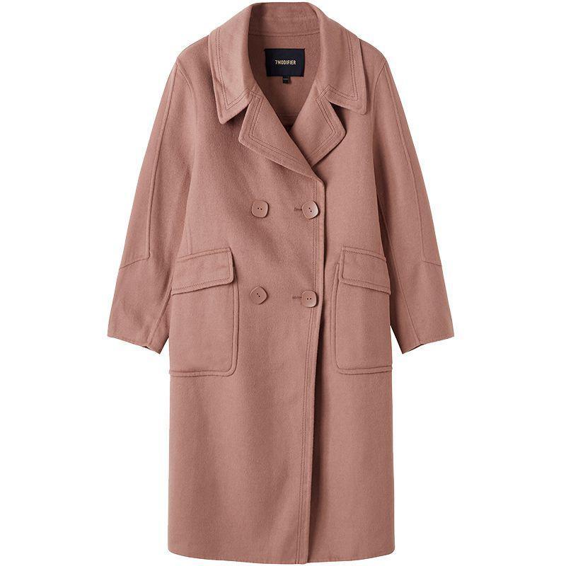 新款拉夏贝尔双面毛呢大衣女中长款冬季新款韩版双排扣百搭学生外套女