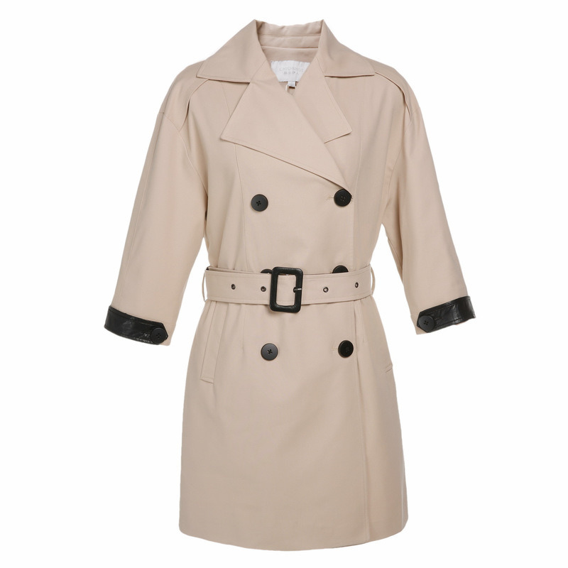 秋水伊人春装新品女装西装领宽松腰带拼接纽扣风衣外套女j089