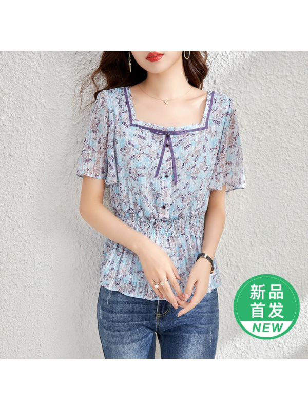 OUNIXUE欧昵雪 | [浪漫蝴蝶结装饰上衣]夏季田园风小碎花雪纺衫方领短袖女