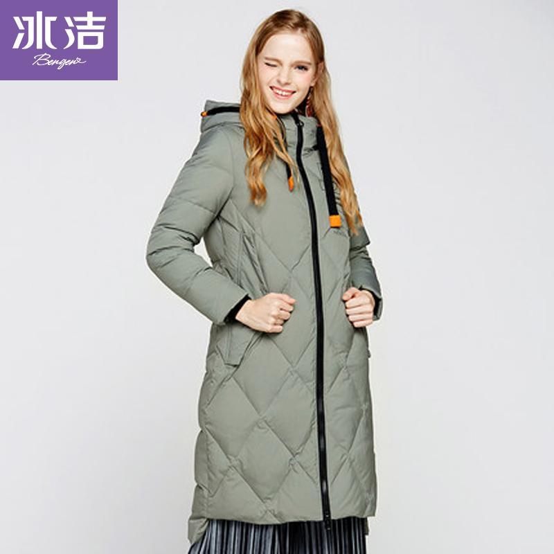 冰洁bengen冬季女士连帽羽绒服中长过膝冬外套羽绒服