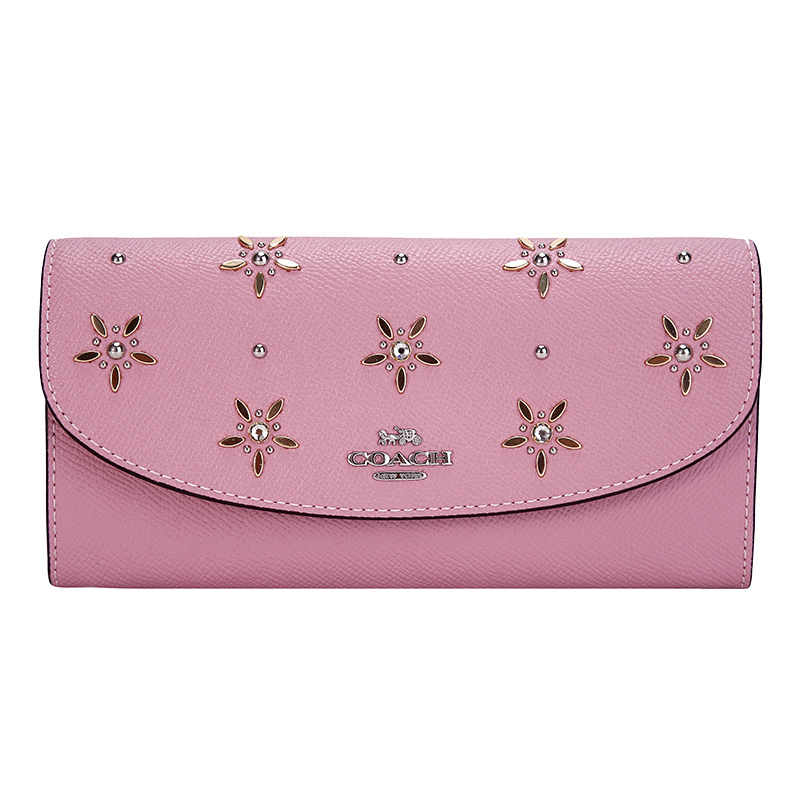coach蔻驰奢侈品女士粉色皮革长款钱包女生钱夹