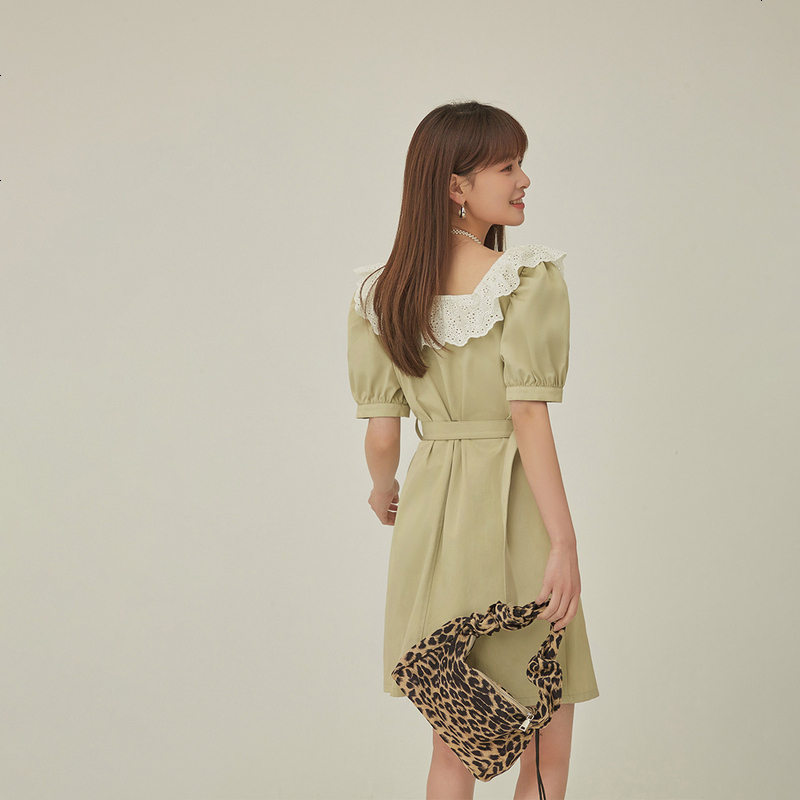OtherMix蕾丝方领连衣裙2021年夏季新款潮流工装收腰泡泡袖裙子女