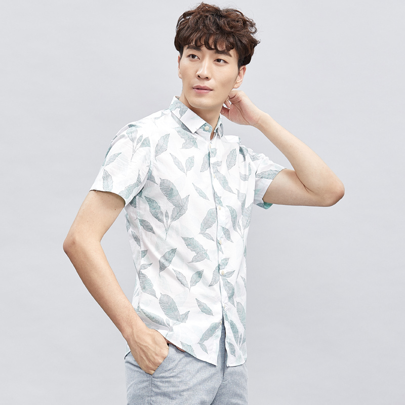 才子男装2018夏季新款男士小清新衬衫男时尚休闲印花短袖衬衣男m蓝色