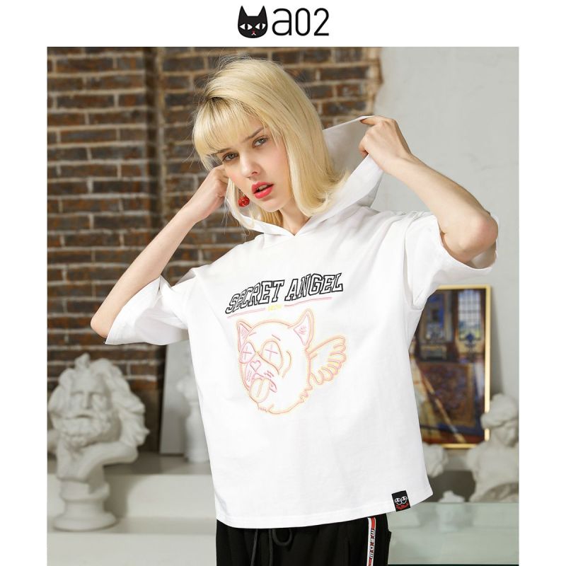 a02商场同款个性有趣卡通刺绣连帽宽松短袖T恤女D1U2C0441KT