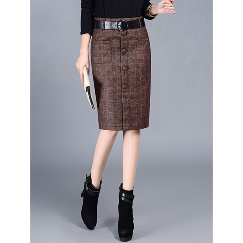 丝柏舍冬装女2019韩版高腰复古格纹中长款半身裙s84r1069b