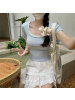 甜美小清新短款韩系正肩上衣夏季新款蕾丝花边领口设计感短袖T恤