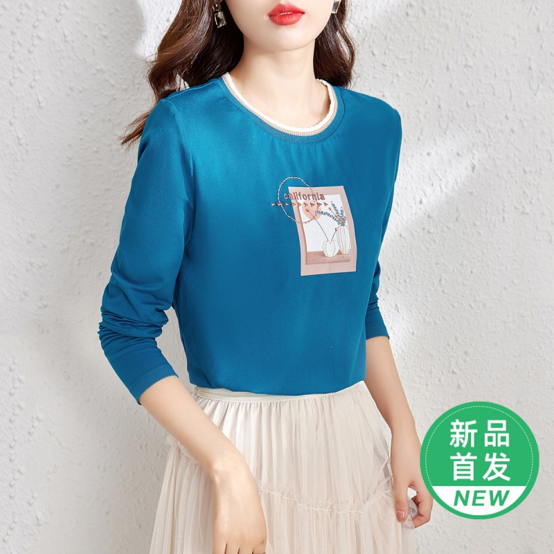 OUNIXUE欧昵雪 | [简约绣花T恤]春季撞色罗纹圆领长袖打底衫休闲女士上衣