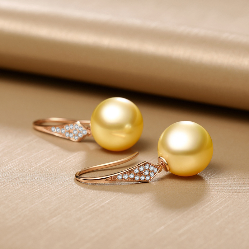 brir佰色传情1011mm正圆南洋金珠耳钉18k金钻石轻奢时尚海水珍珠耳饰