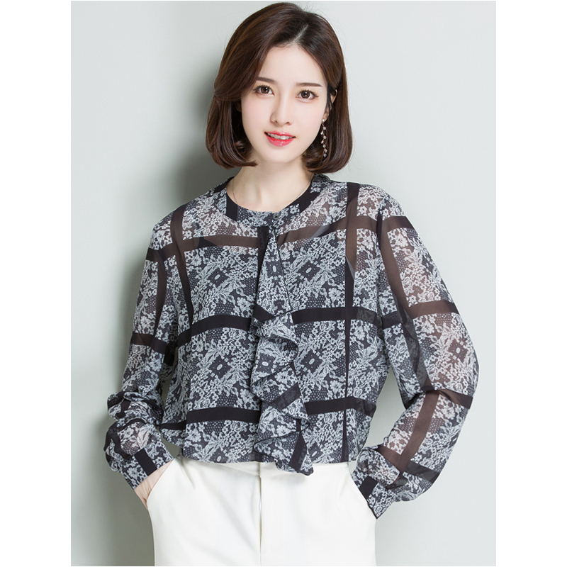 恒源祥女士100桑蚕丝衬衫2020春装新款不规则印花长袖蚕丝大码上衣