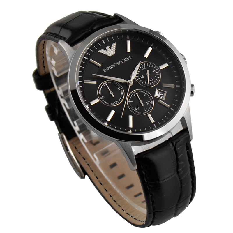 armani)手表 皮质表带休闲商务腕表 日历防水石英男表 ar2447