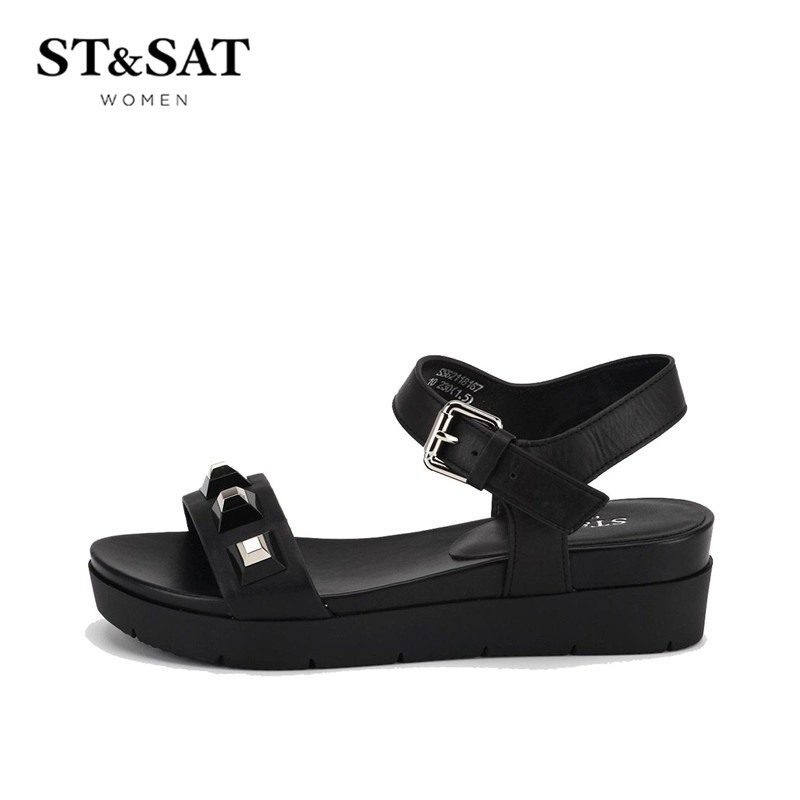 星期六ST&SAT夏牛皮露趾中跟一字型凉鞋女SS62118167