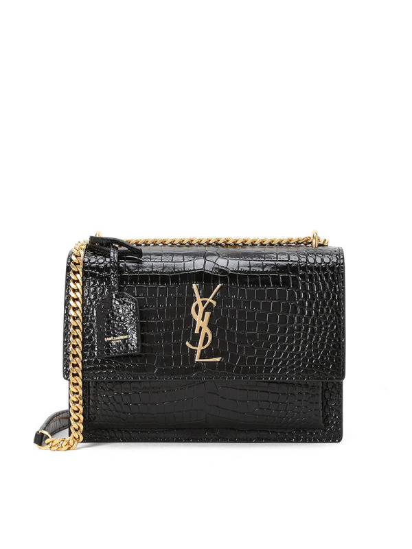 圣罗兰 YSL SUNSET 口盖包中号 字母LOGO鳄鱼纹442906金链 女士斜挎单肩包