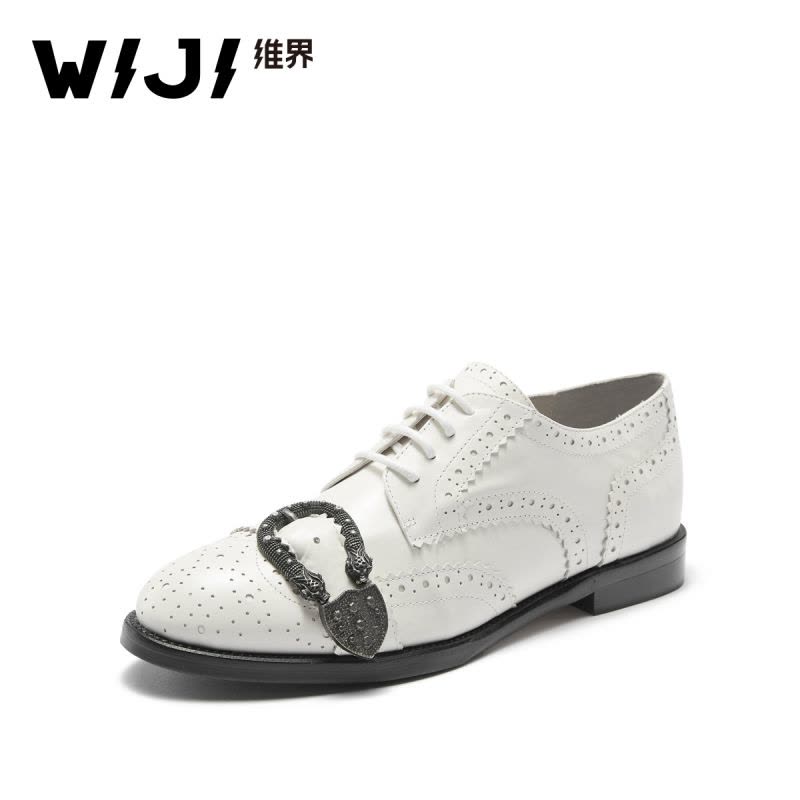 WIJI2018春夏家新款尖头单鞋时尚潮流布洛克雕花女鞋胎牛皮小皮鞋图片