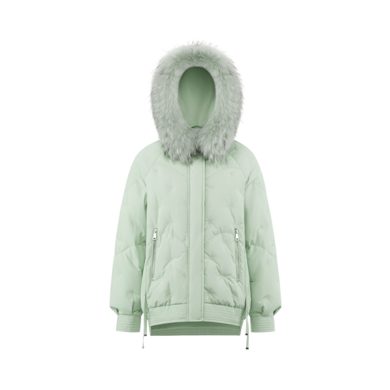 波司登女士时尚廓形貉子毛领刺绣连帽加厚羽绒服B101452