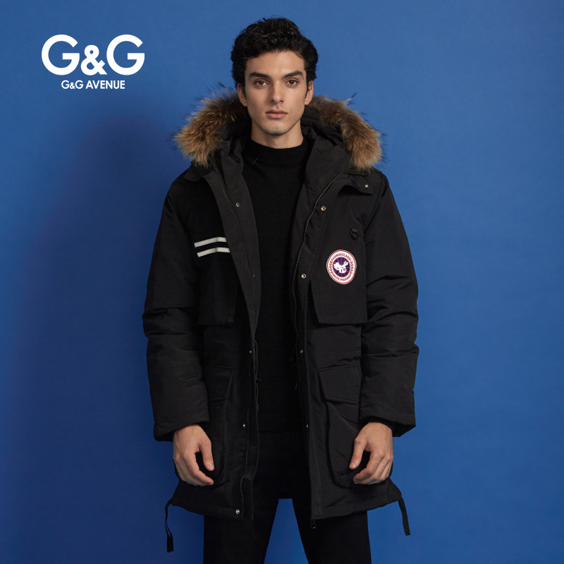 G＆G 男士冬季黑色迷彩羽绒服男潮中长款连帽大毛领保暖青年外套