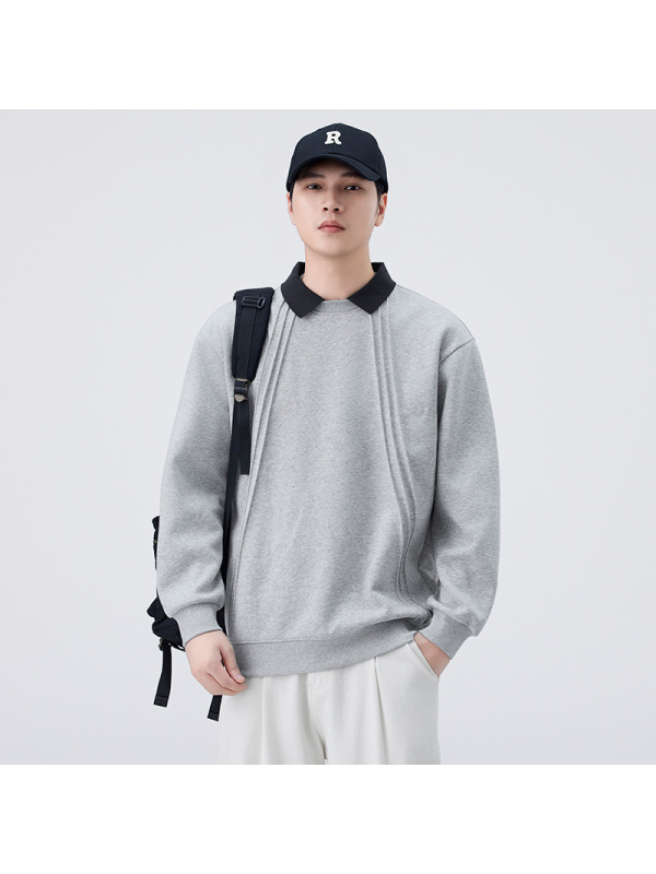 |秋季款高品质男士翻领长袖POLO衫卫衣翻领条纹设计感简约