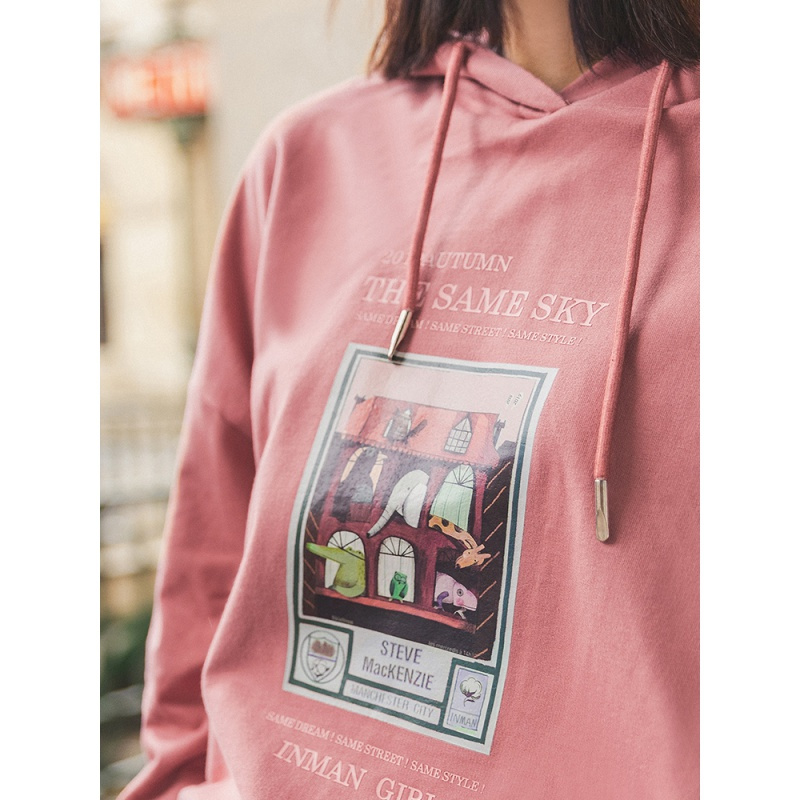 茵曼卫衣女2019秋季新款纯棉连帽休闲潮搭印花落肩袖宽松时尚上衣