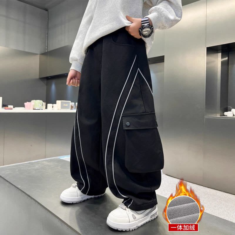 男童加绒工装裤子新款秋冬款冬季大儿童加厚男孩一体绒长裤潮图片