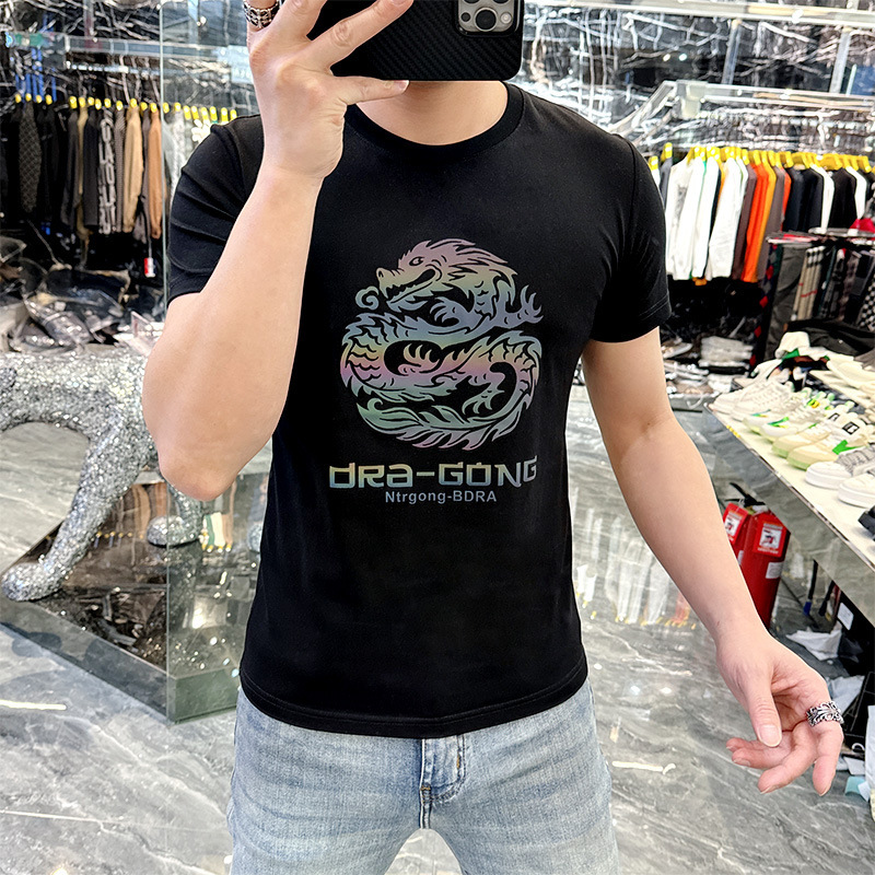 新款中国风炫彩变色龙印花短袖T恤男士修身痞帅红色半袖上衣