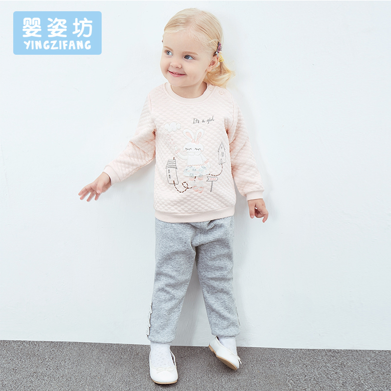 婴姿坊女童秋冬新款两件套圆领可爱小动漫图案休闲外出套装