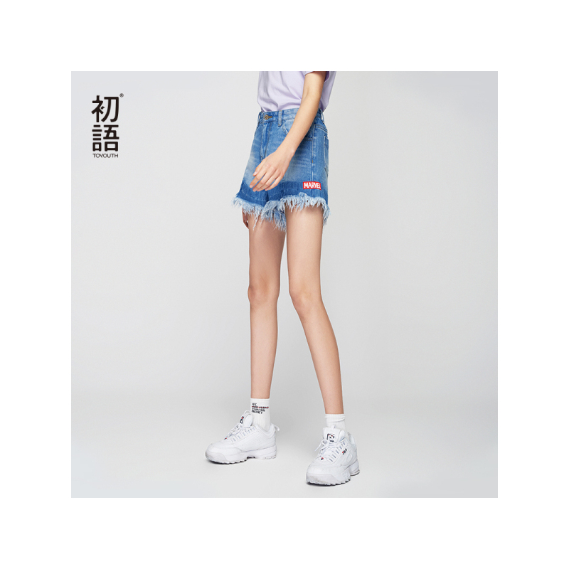 初语漫威系列Q版卡通印绣毛边牛仔短裤女A字热裤