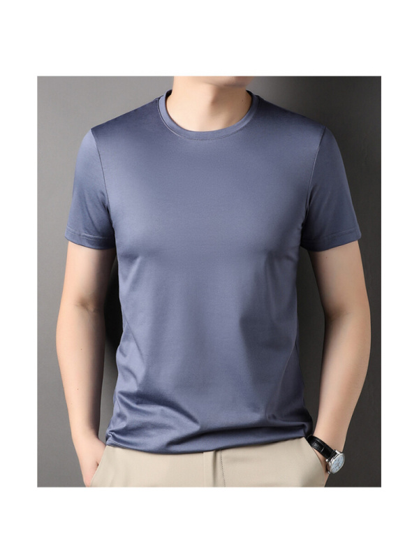 夏季新款男士圆领T恤中青年时尚潮流含桑蚕丝短袖棉T恤男运动上衣