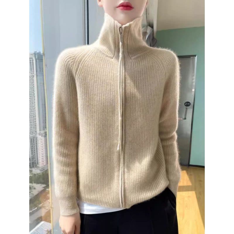 24秋冬新款韩版慵懒高领落肩针织开衫双开拉链宽松显瘦时髦上衣女图片