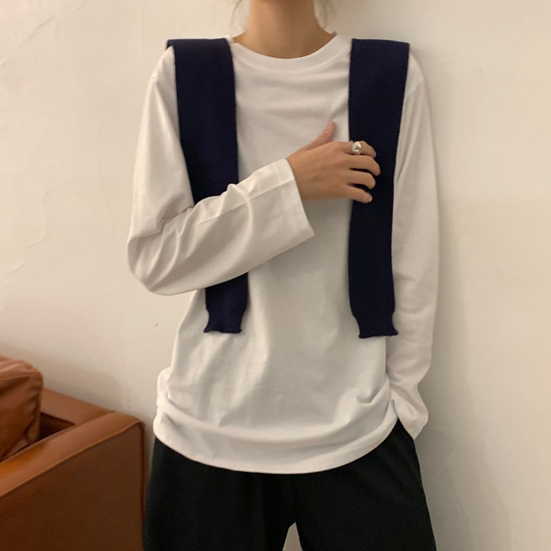 白色打底衫女秋季宽松新款韩国女装洋气内搭纯色学生长袖T恤女装