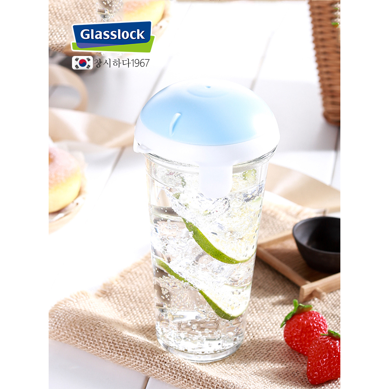 Glasslock韩国进口玻璃水杯情侣对杯450ml*2带刻度花茶杯透明玻璃创意果汁杯便携随手杯带盖男女茶水杯