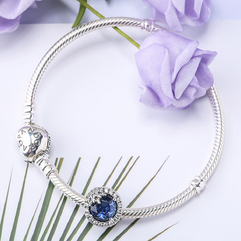 PANDORA潘多拉925银手链 蓝色雪花串珠成品手链套装