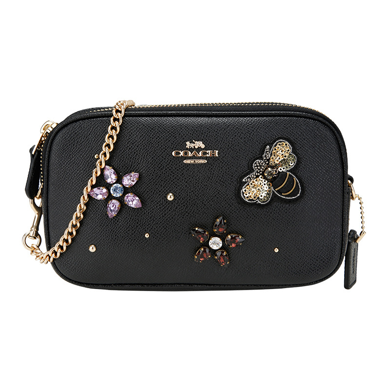 coach蔻驰奢侈品女士女生黑色皮革单肩斜挎链条包视频