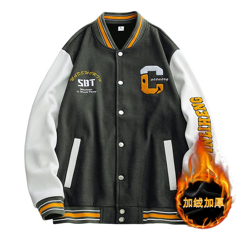 男装秋冬季加绒棒球服韩版开衫排扣立领字母绣花宽松外套图片