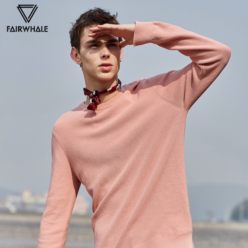 马克华菲针织衫男春秋修身罗纹圆领粉色套头保暖棉质打底衫毛衣