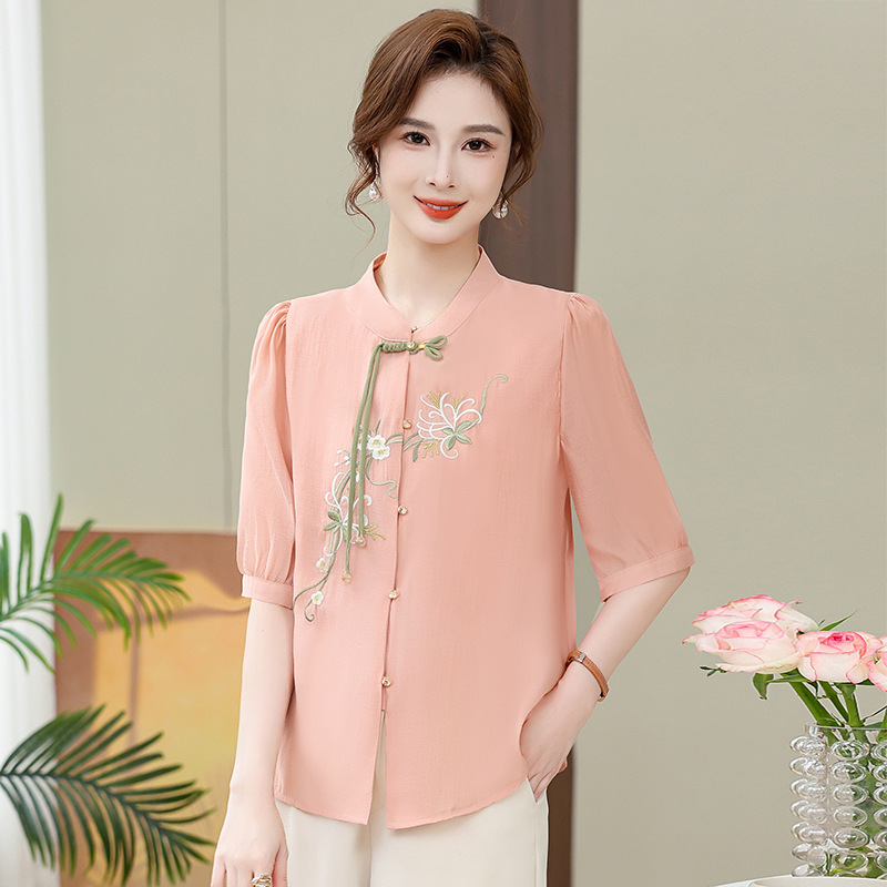 夏装女中年薄上衣时尚洋气新中式妈妈装50岁夏季女短袖中老年小衫