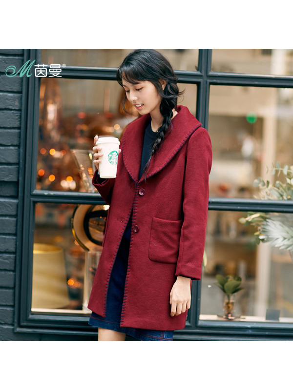 茵曼女冬款绣线大翻领毛呢外套女中长款呢子大衣
