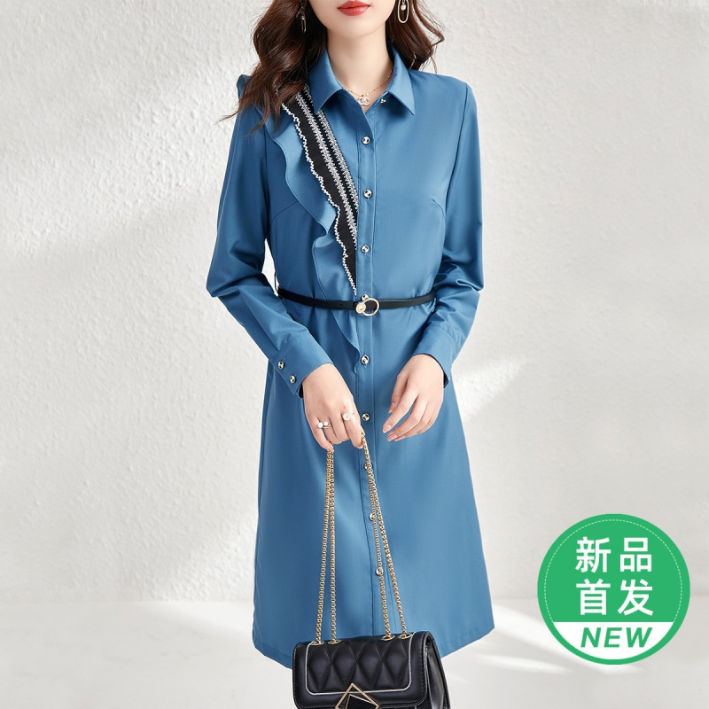 OUNIXUE欧昵雪 | [气质翻领衬衫裙]简约翻领拼接压褶中裙显瘦女士连衣裙