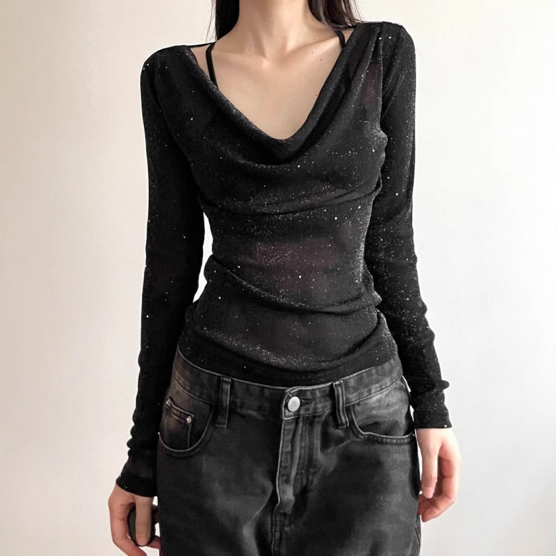 盐系辣妹设计感亮片V领长袖T恤女装春秋季显瘦修身气质百搭上衣潮