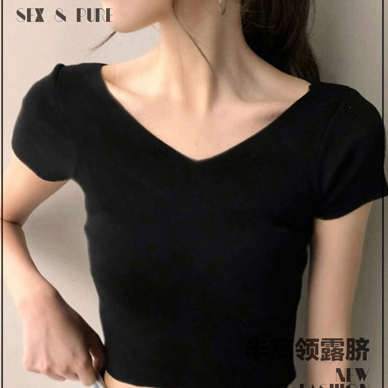 前后v领短款短袖T恤女设计感夏季新款韩版女修身上衣女装