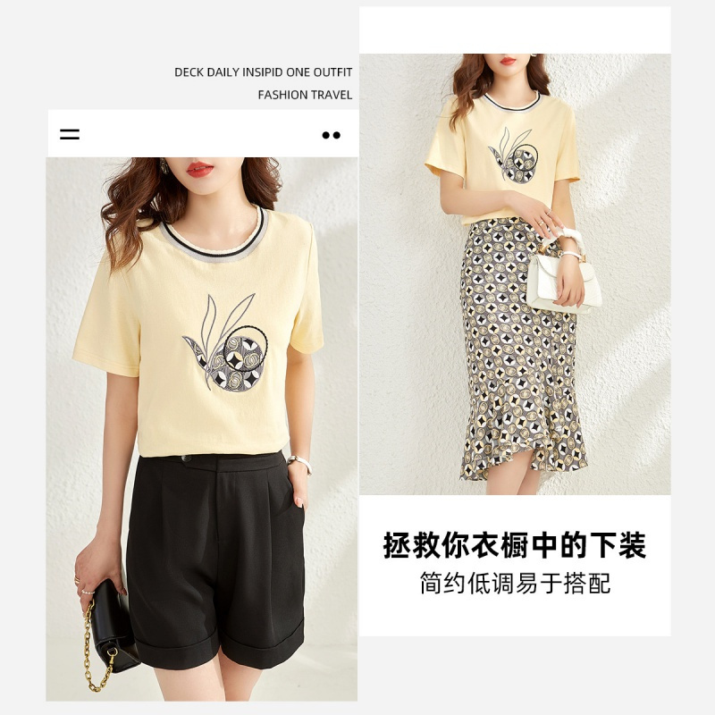 OUNIXUE欧昵雪 | [简约套头短袖]夏季时尚撞色拼接圆领休闲印花上衣T恤女