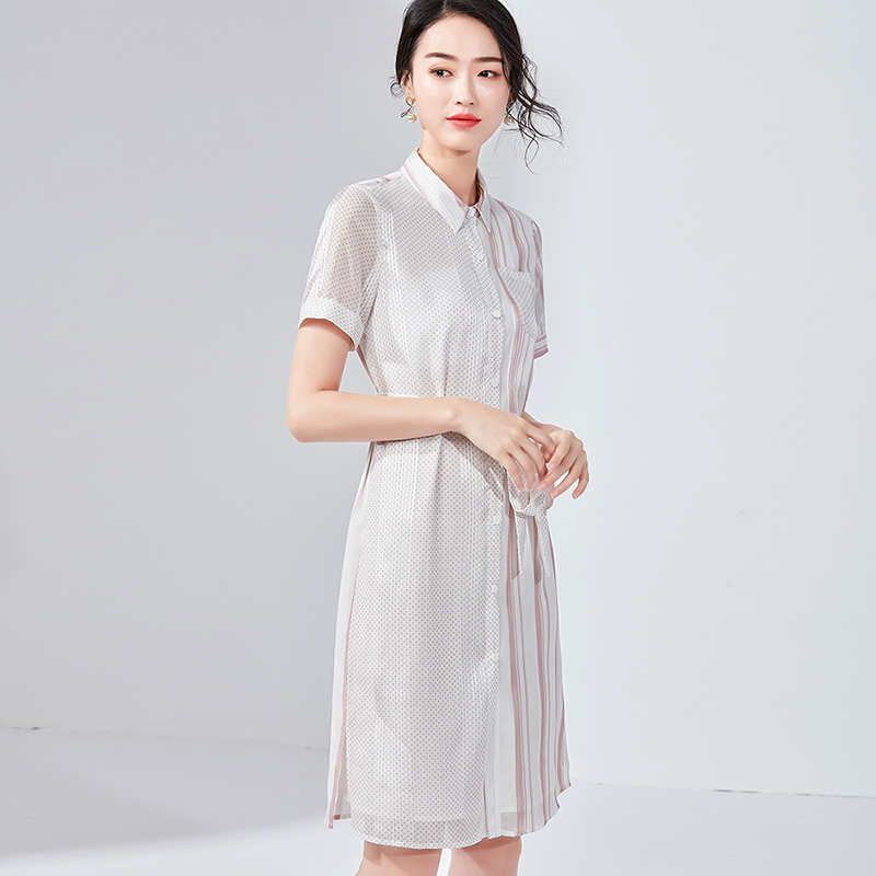 欧昵雪夏季系带高腰AB面圆点条纹雪纺衬衫裙连衣裙女短袖