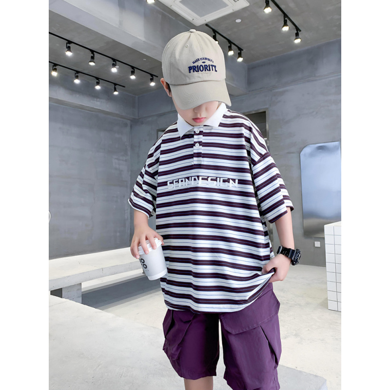 男童polo衫套装夏季2025新款儿童夏装条纹衣服中大童短裤两件套潮