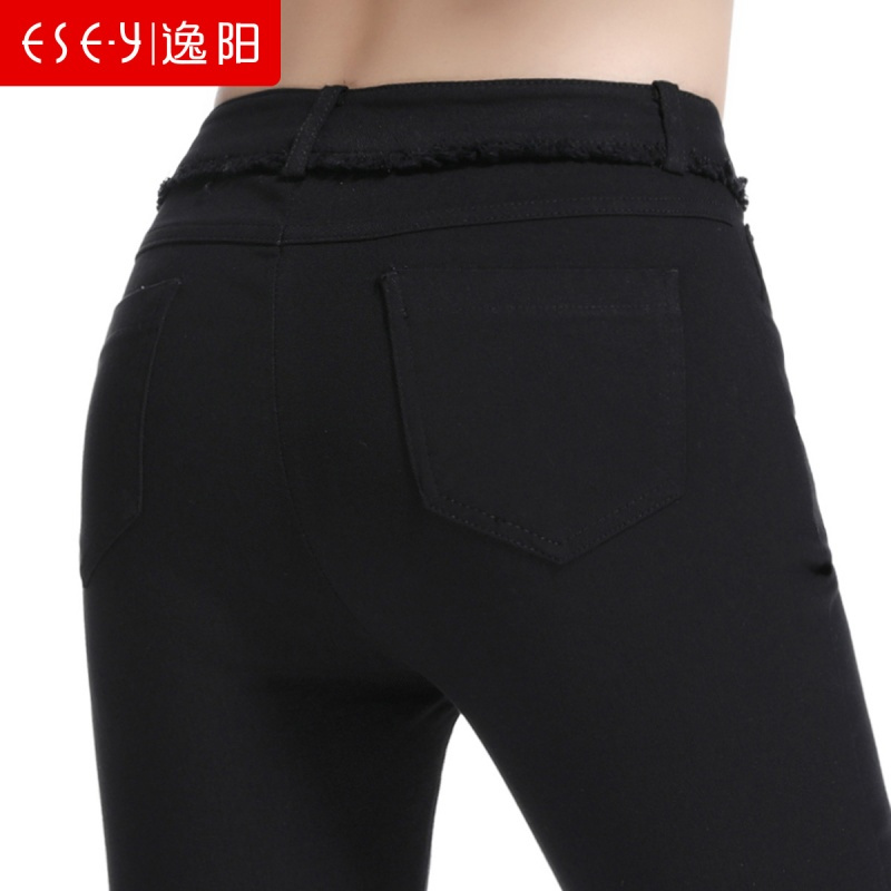 2018秋季新款打底裤百搭休闲女黑色不规则脚口毛边九分70291