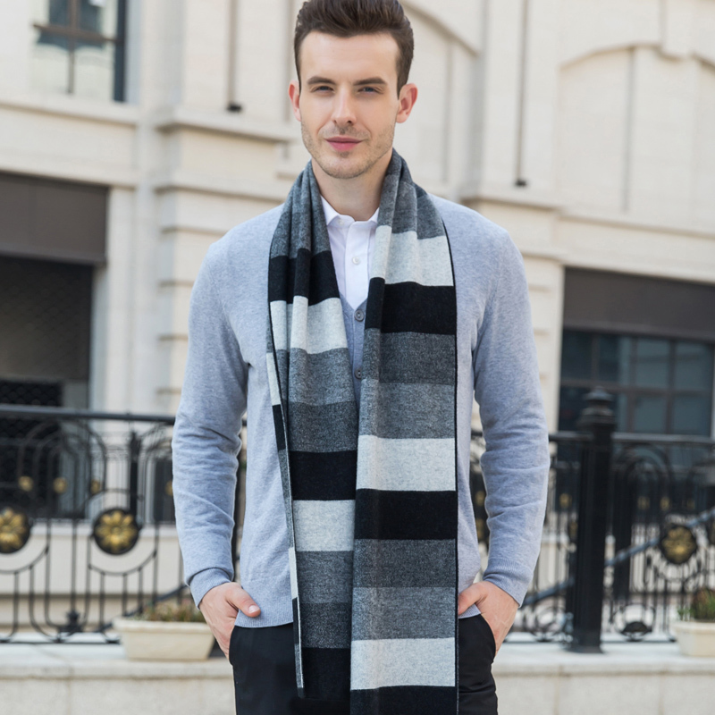 高档条纹100羊毛男士围巾冬季保暖韩版商务长款围脖潮礼盒装