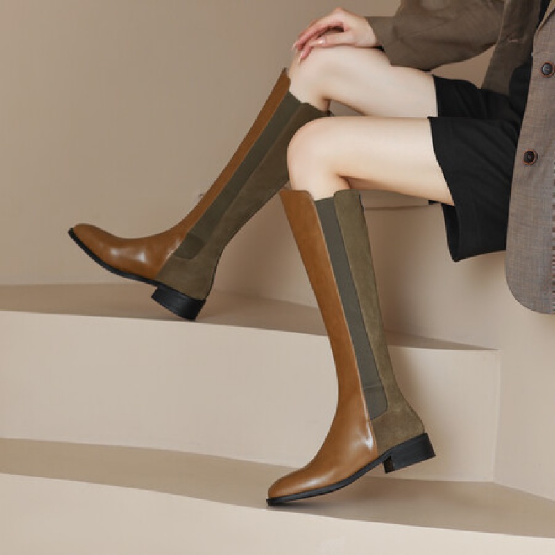 格瑞迪欧 牛皮新款小方头磨砂绒面长靴侧拉链及膝女长筒靴韩版粗跟