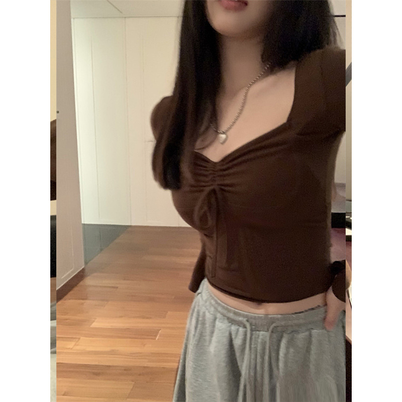 欧美辣妹风下摆不规则抽褶皱方领长袖上衣春秋新款修身显瘦T恤ins