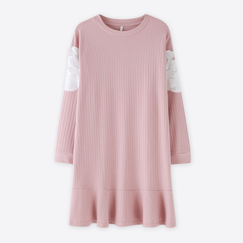 安之伴特卖纯棉双面针织抽条素色插花边长袖女裙C73B237